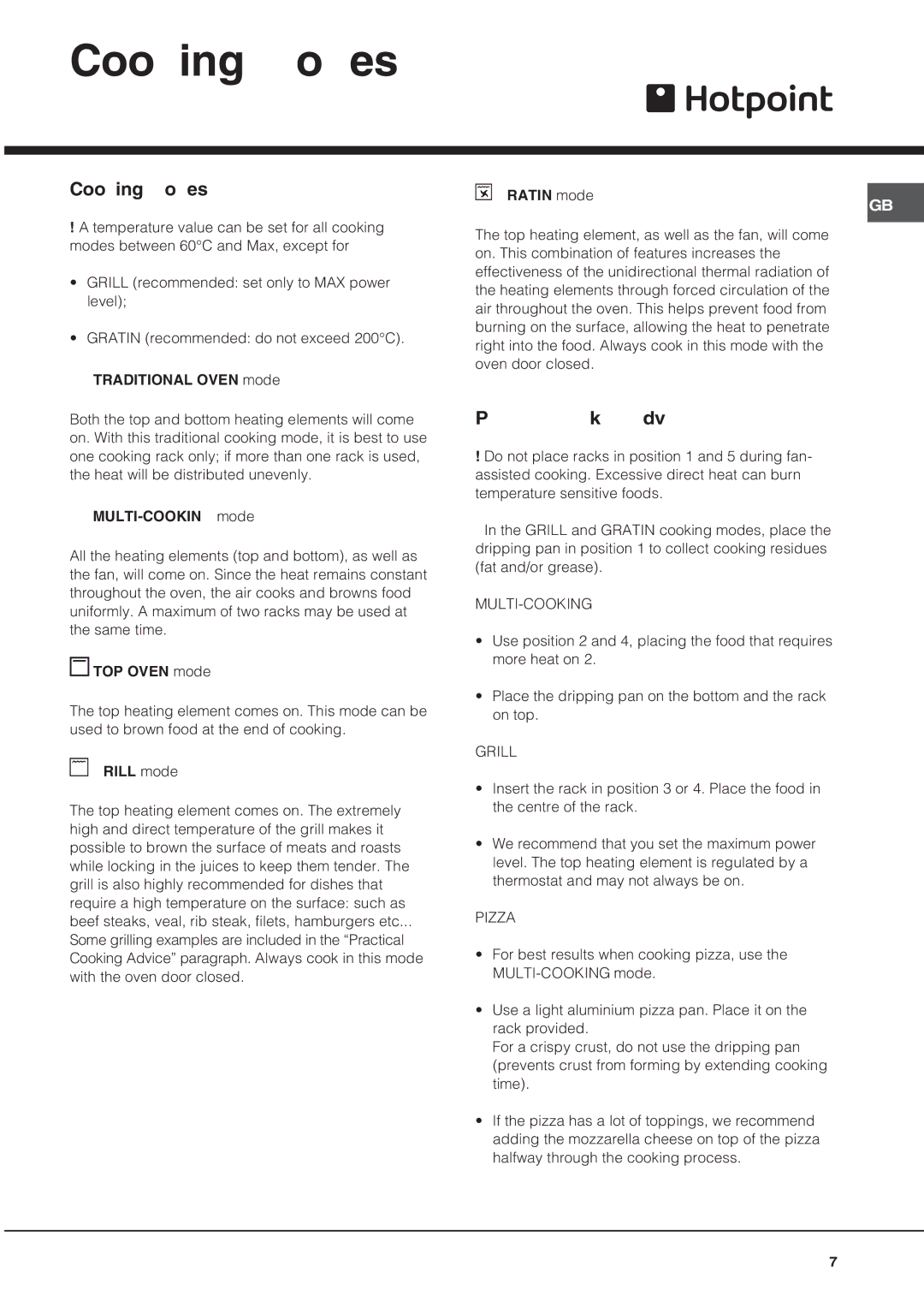 Hotpoint SY56X/1, SY10X/1 manual Cooking modes, Practical cooking advice 