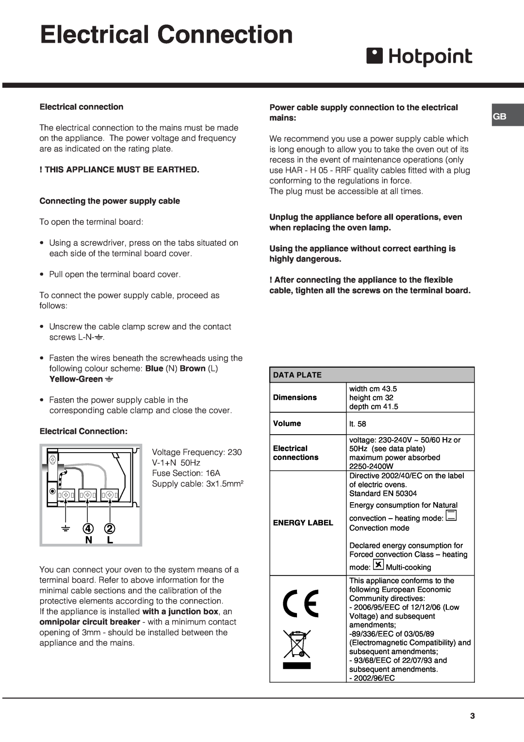 Hotpoint SY56X/1, SY10X/1 manual Electrical Connection, 4 2 N L 