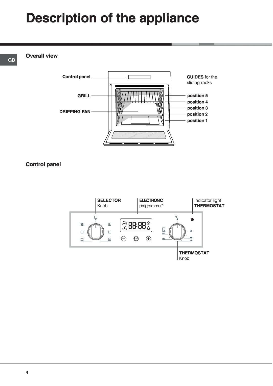 Hotpoint SY10X/1, SY56X/1 manual Description of the appliance, Control panel GRILL DRIPPING PAN, GUIDES for the 