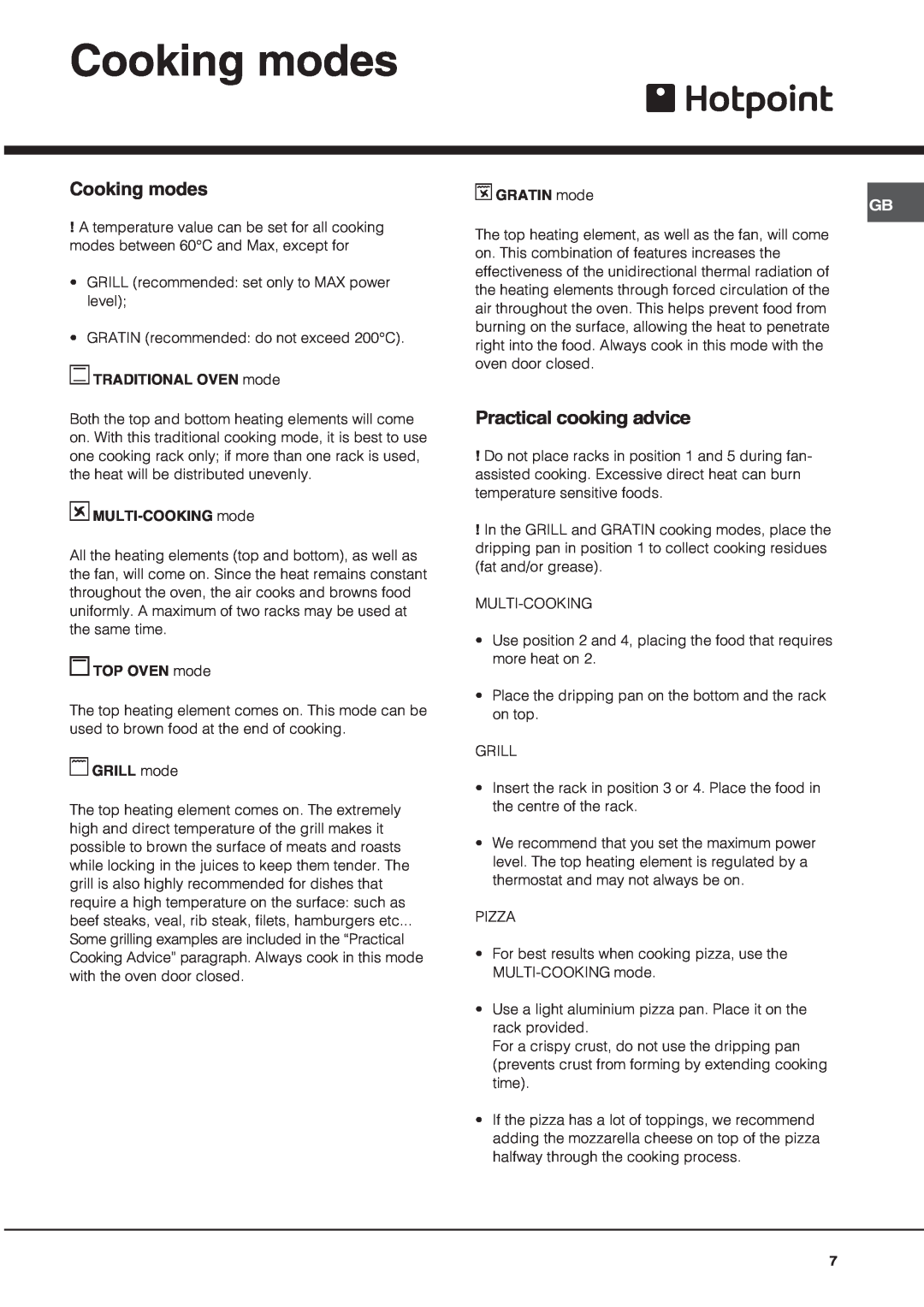 Hotpoint SY56X/1, SY10X/1 manual Cooking modes, Practical cooking advice 