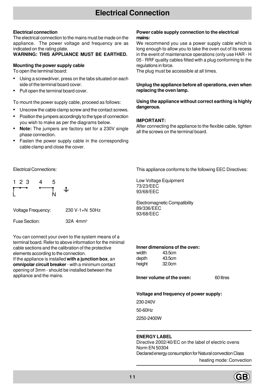 Hotpoint SY11 manual Electrical Connection 