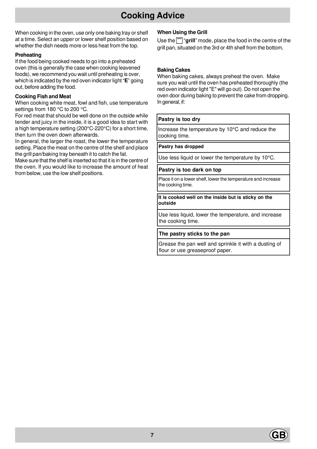 Hotpoint SY11 manual Cooking Advice 