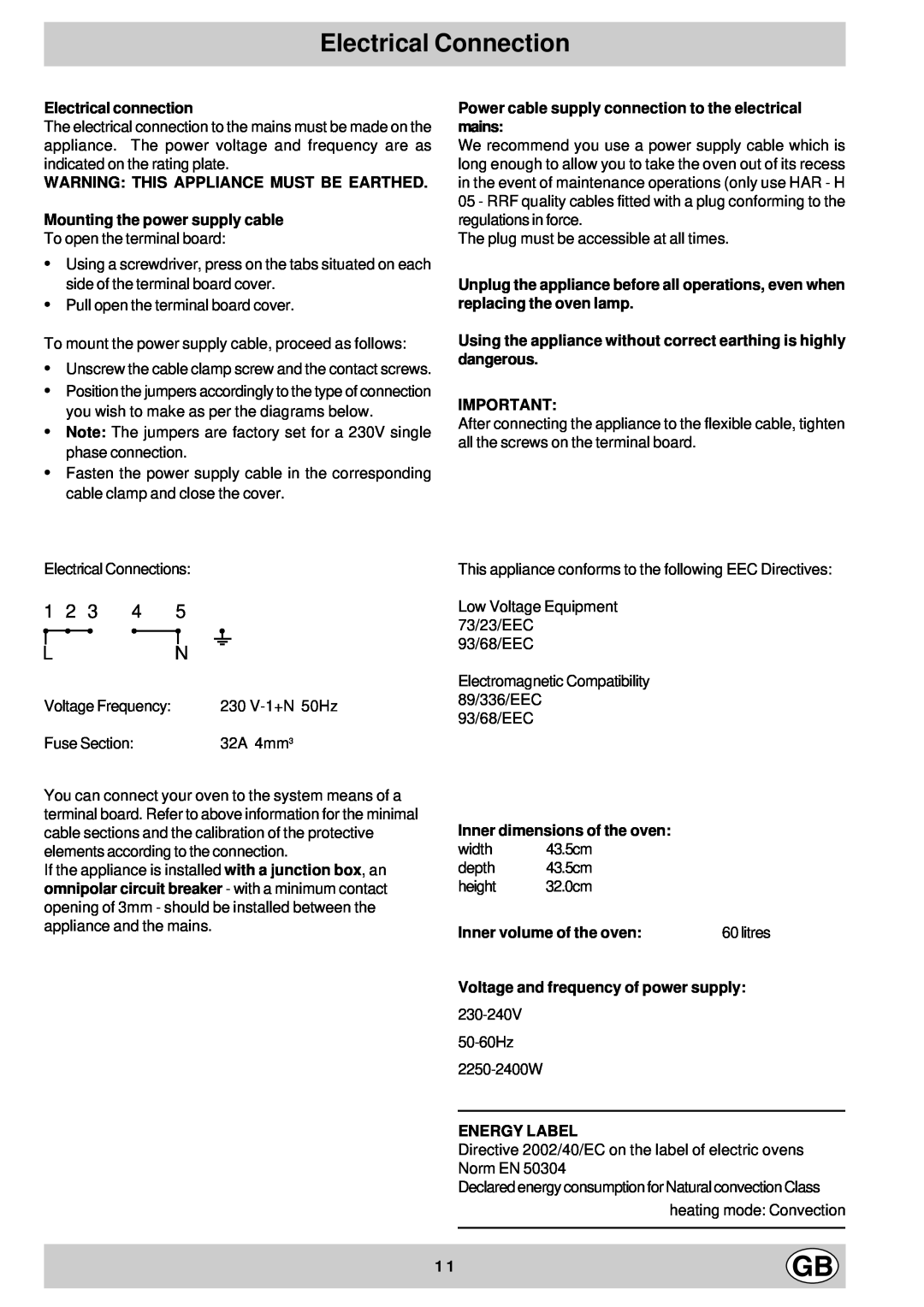 Hotpoint SY11 manual Electrical Connection 