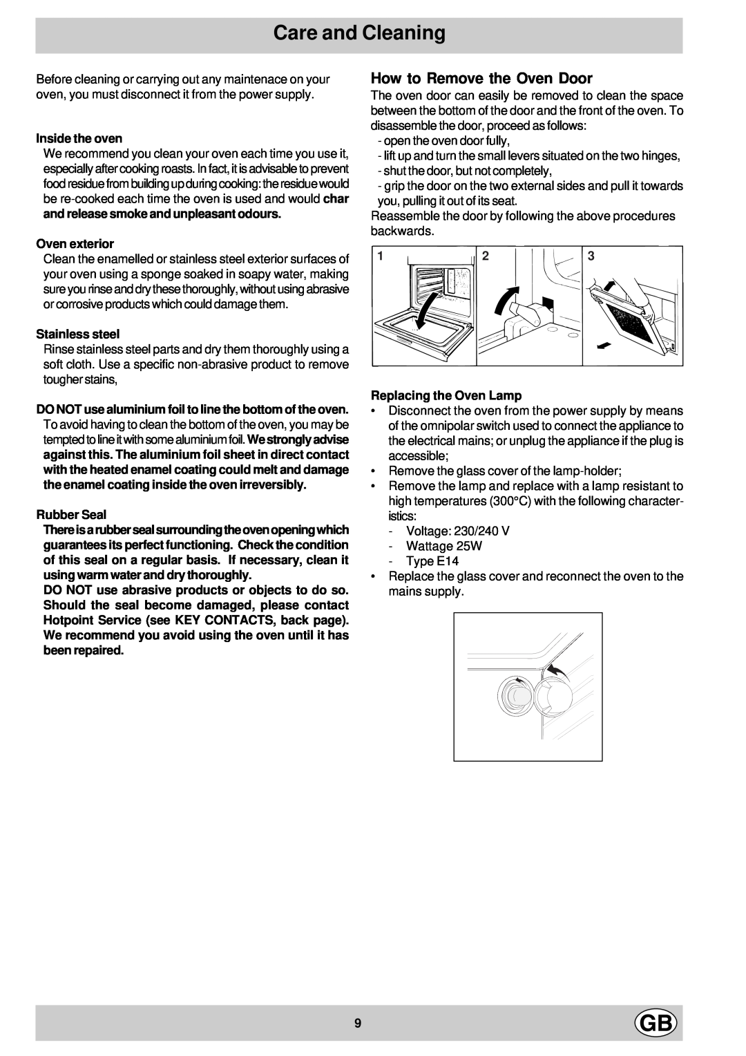 Hotpoint SY11 manual Care and Cleaning, How to Remove the Oven Door 