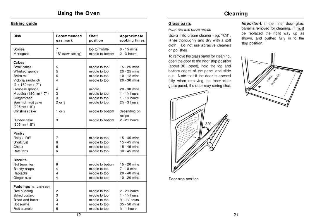 Hotpoint SY22W manual Using the Oven Cleaning, Baking guide, Glass parts 