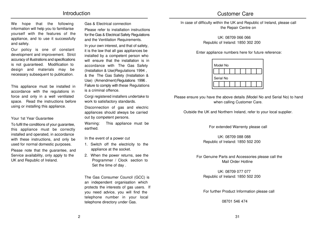 Hotpoint SY22W manual Introduction Customer Care 