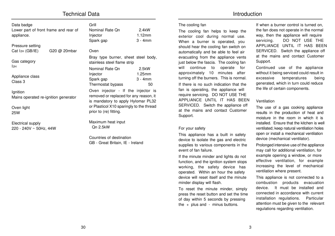 Hotpoint SY22W manual Technical Data Introduction 