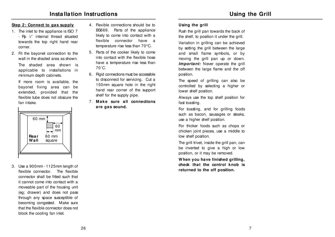 Hotpoint SY22W manual Installation Instructions Using the Grill, Connect to gas supply, Rear, Wall 