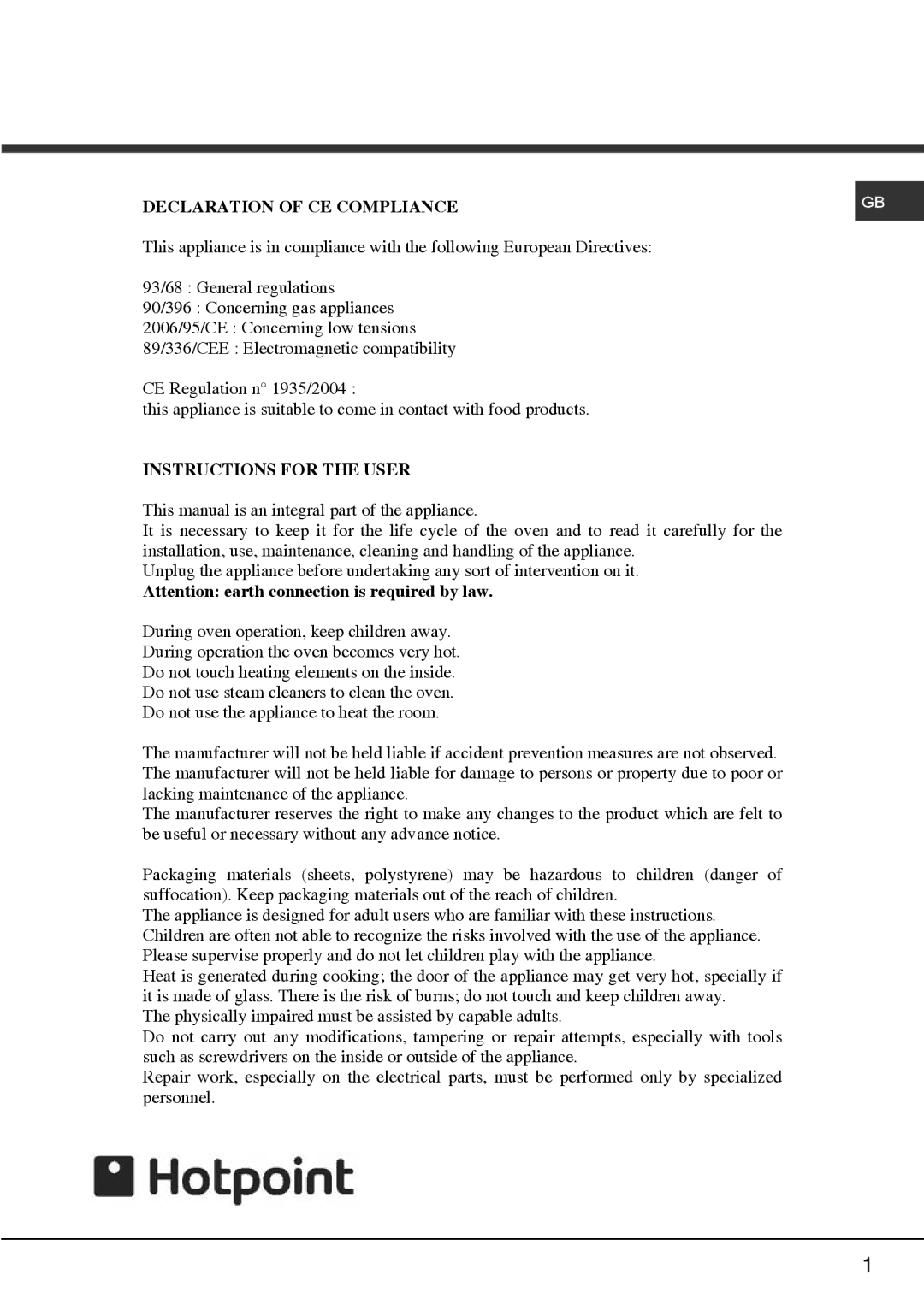 Hotpoint SY23 manual Declaration of CE Compliance 