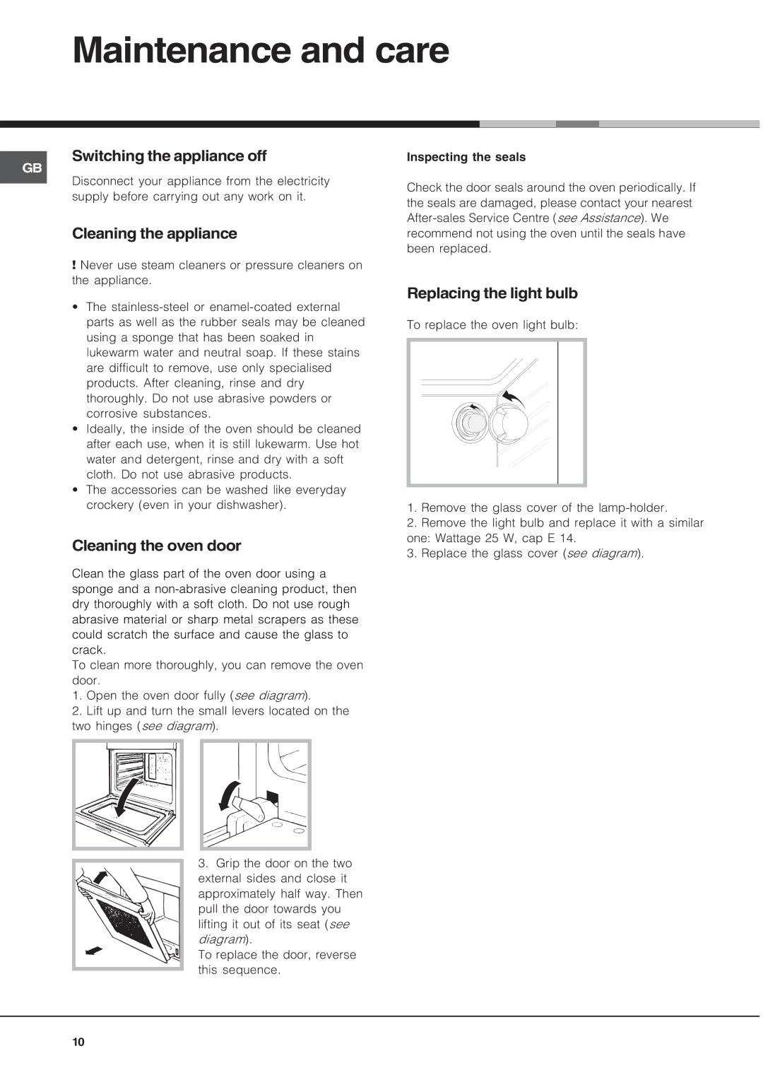 Hotpoint SY37W, SY37K Maintenance and care, Switching the appliance off, Cleaning the appliance, Cleaning the oven door 