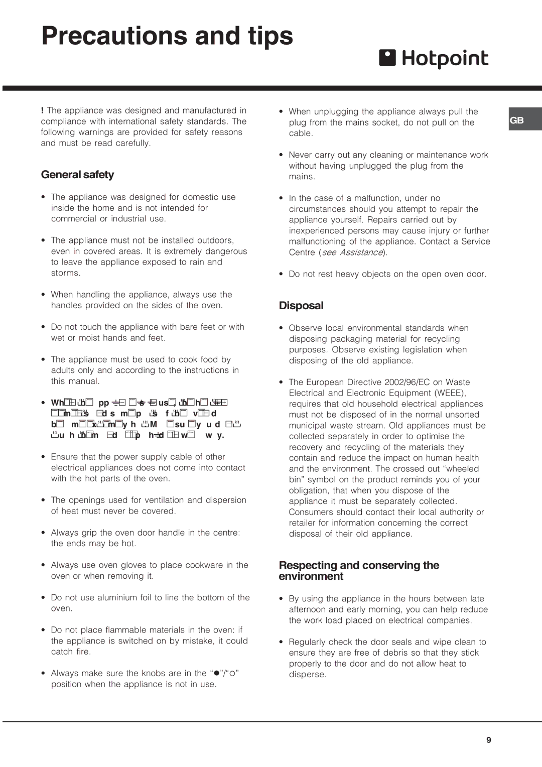 Hotpoint SY37B, SY37K, SY37W Precautions and tips, General safety, Disposal, Respecting and conserving the environment 