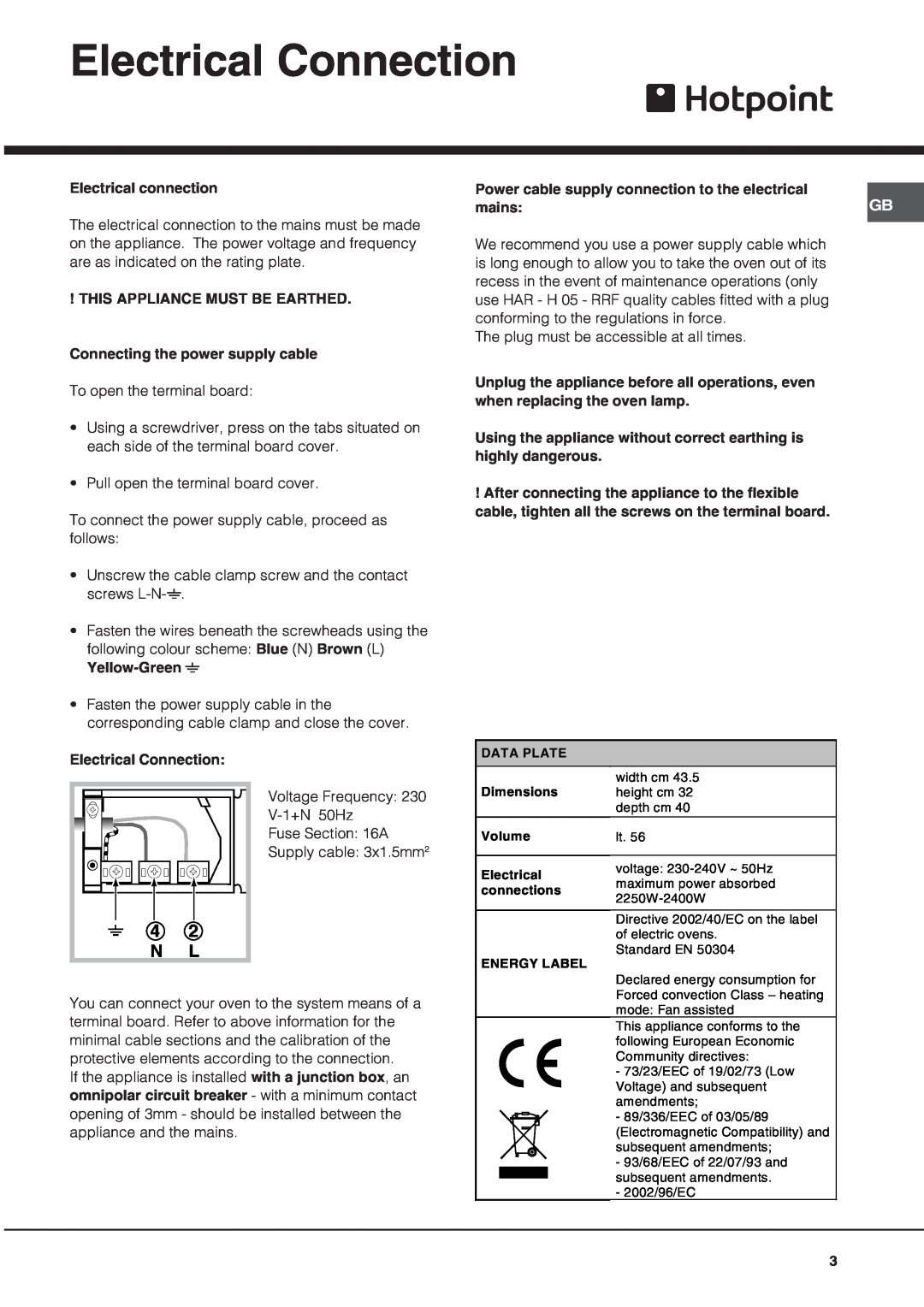 Hotpoint SY36X, SY37K, SY37B, SY37W, SY36B, SY36K, SY37X, SY36W operating instructions Electrical Connection, 4 2 N L 
