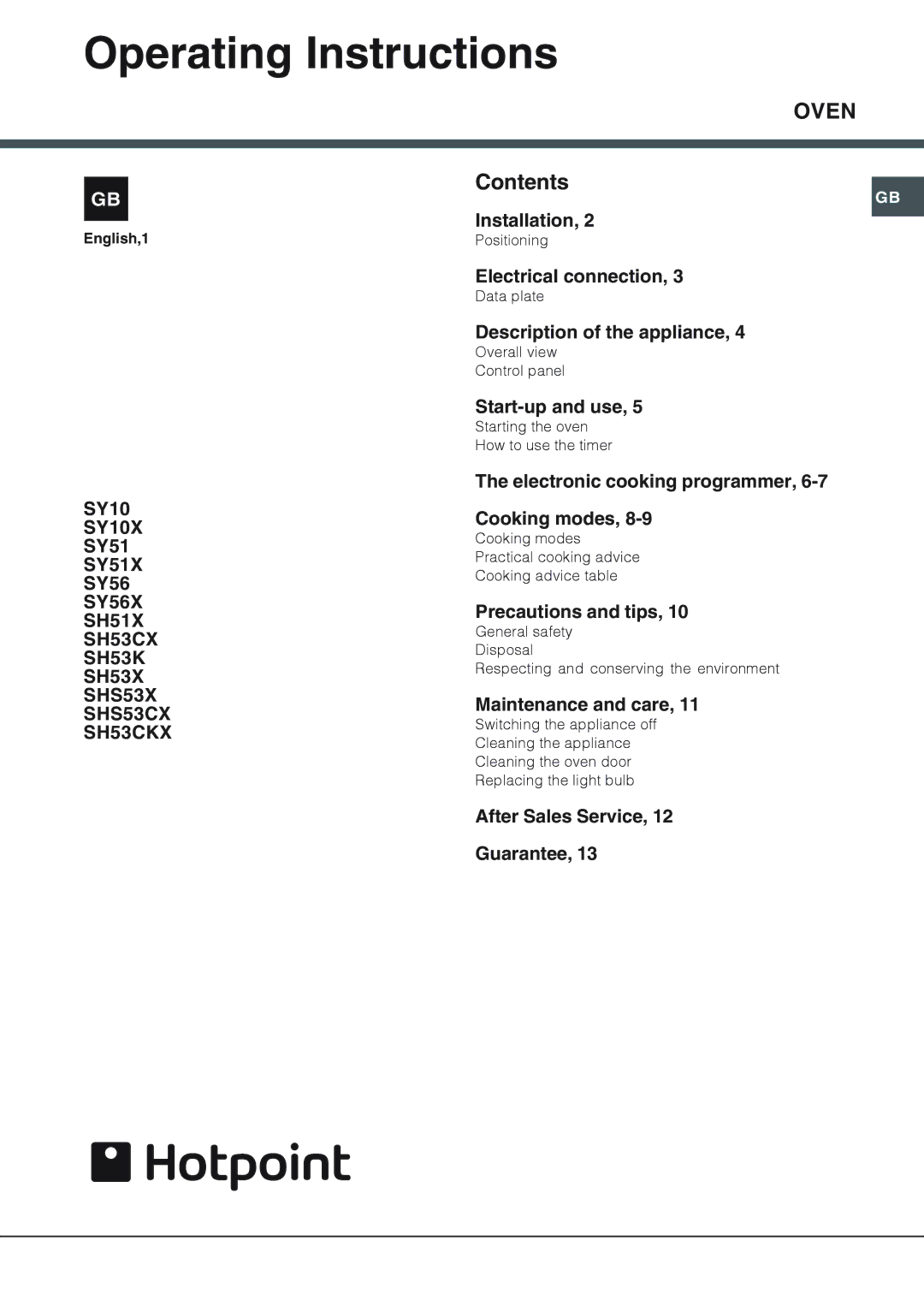 Hotpoint SH53CX, SY51, SHS53X, SH53K, SHS53CX, SH53CKX, SH53X, SH51X manual Operating Instructions, Oven 