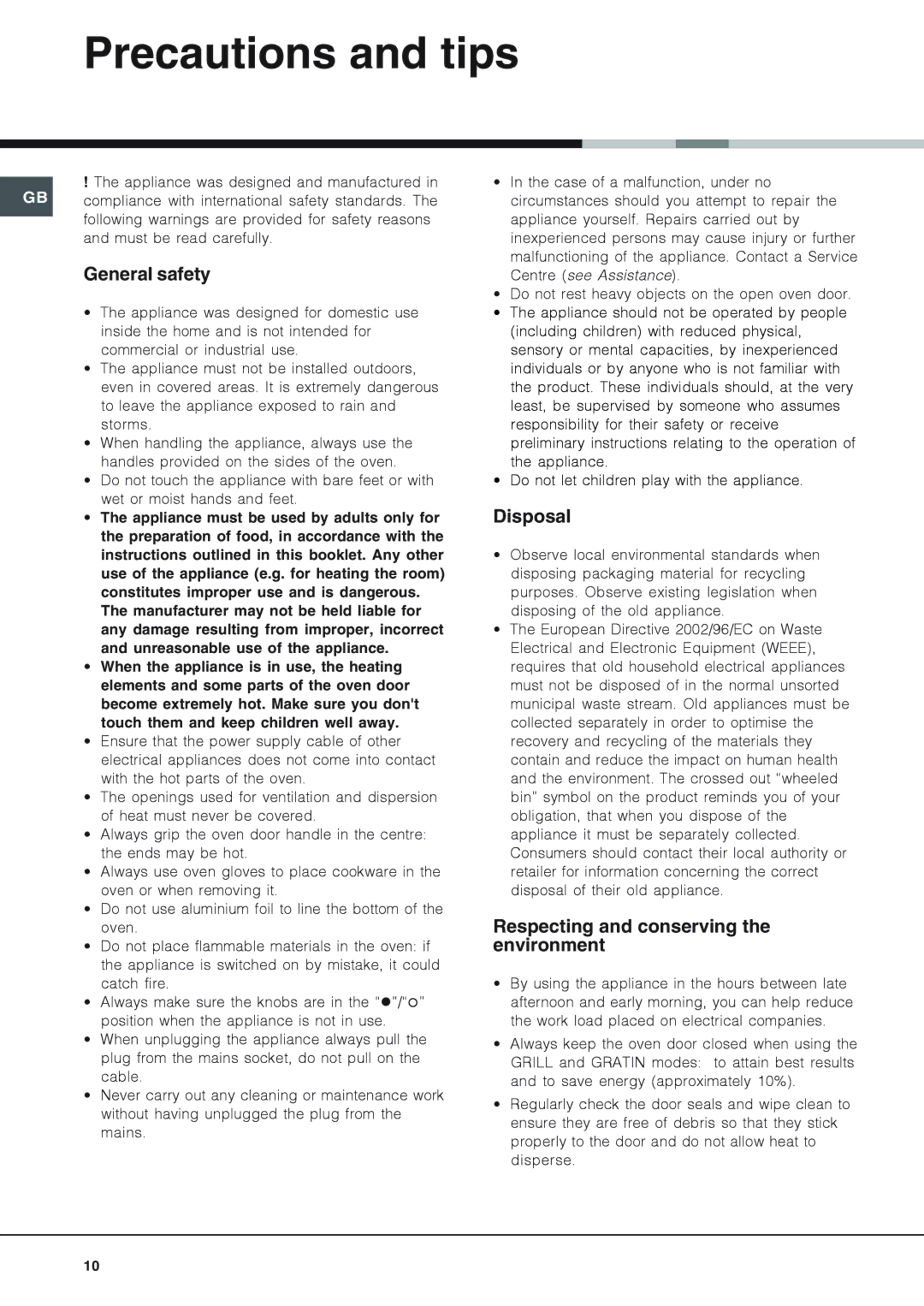 Hotpoint SHS53X, SY51, SH53CX Precautions and tips, General safety, Disposal, Respecting and conserving the environment 