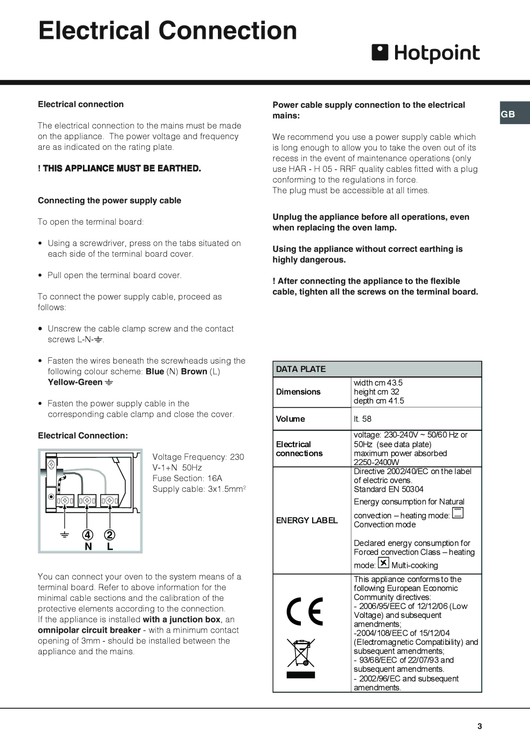 Hotpoint SH53K, SY51, SH53X Electrical Connection, Electrical connection, Connecting the power supply cable, Yellow-Green  