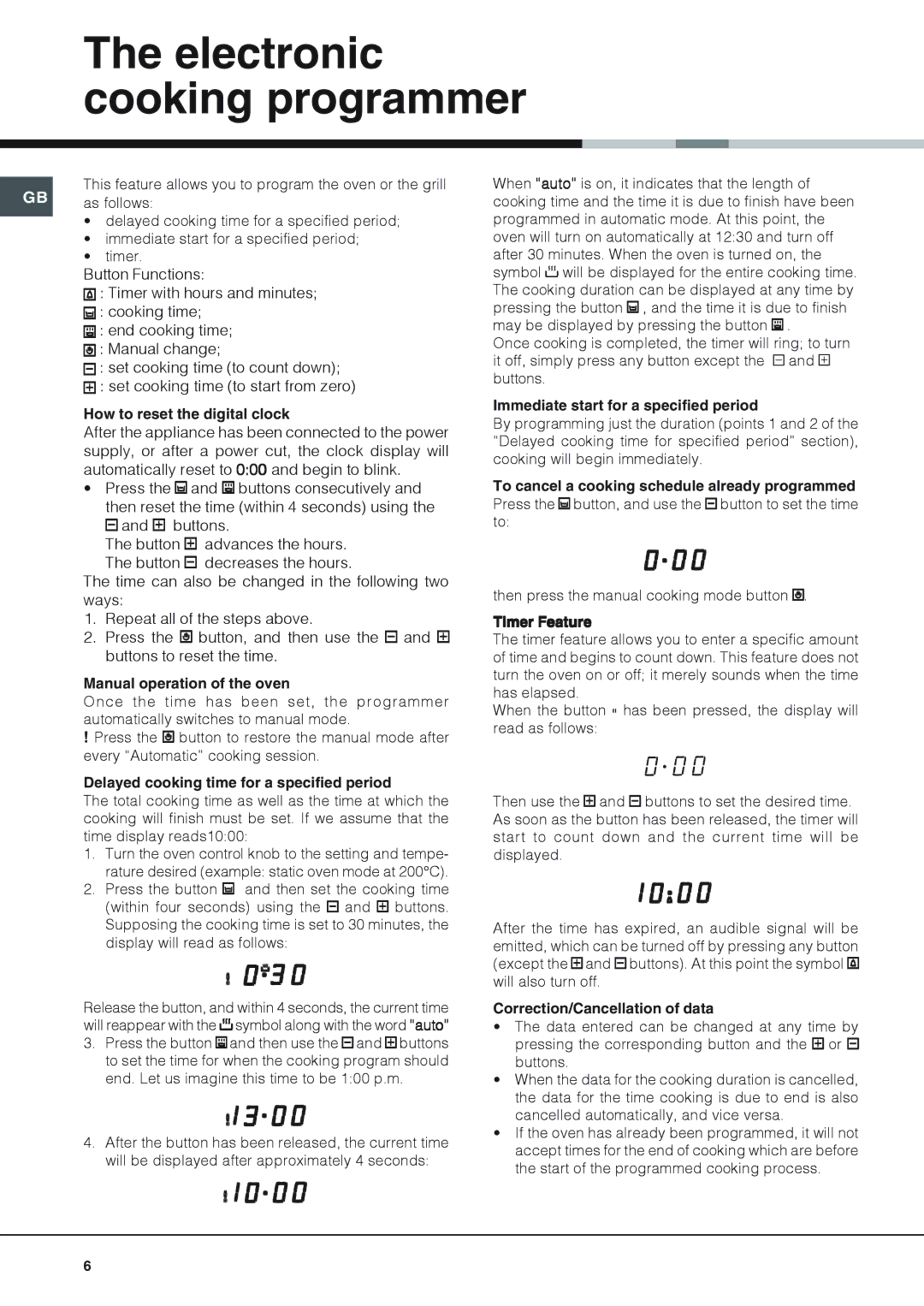 Hotpoint SH53X, SY51, SH53CX, SHS53X, SH53K, SHS53CX, SH53CKX, SH51X manual Electronic cooking programmer 