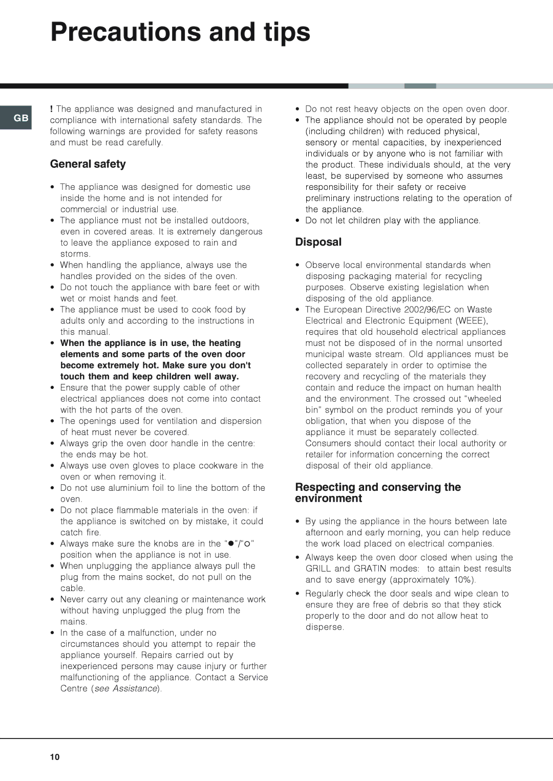 Hotpoint SY56X, SY51X, SY10X Precautions and tips, General safety, Disposal, Respecting and conserving the environment 