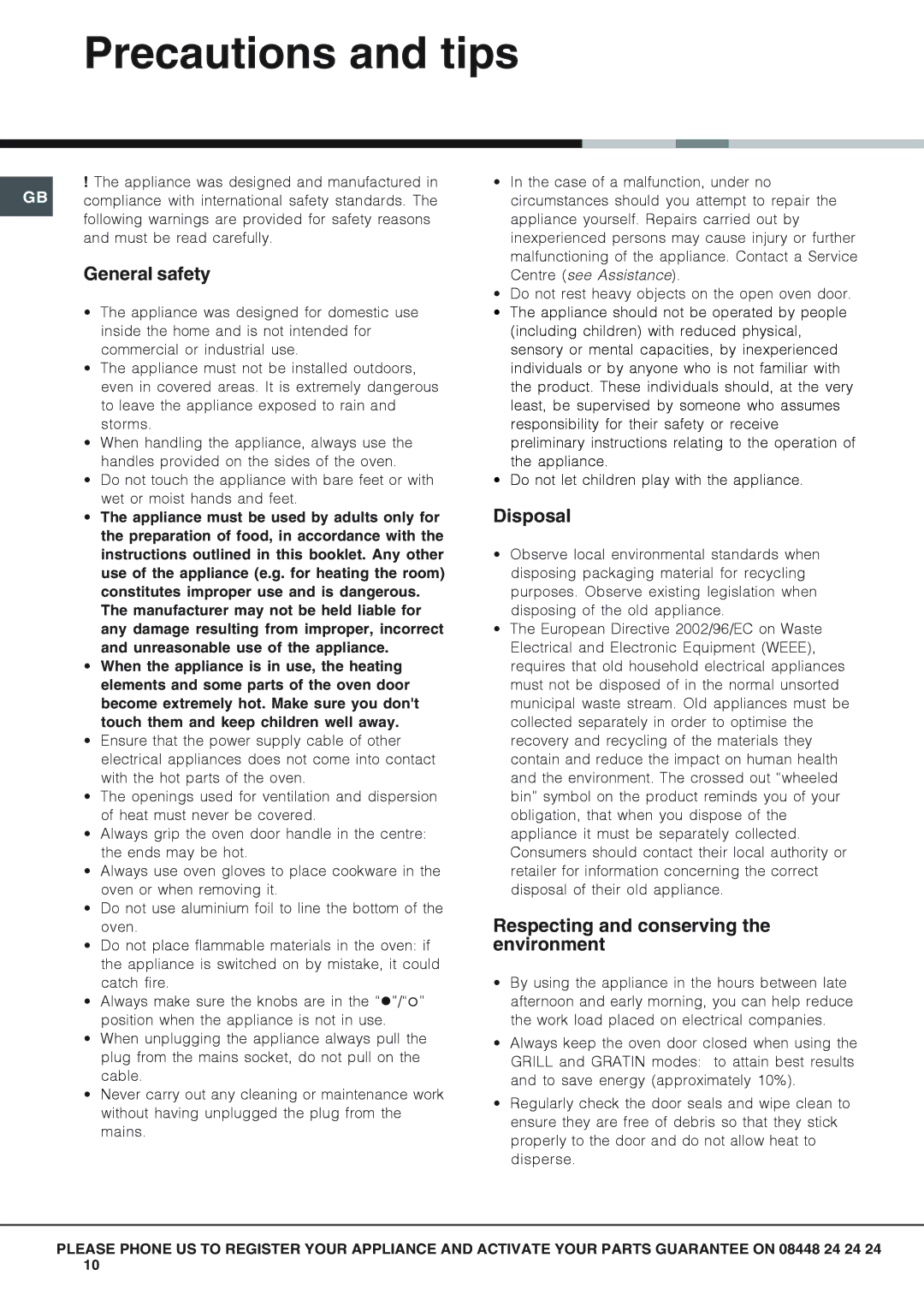 Hotpoint SH53CKX, SY56X, SY51X Precautions and tips, General safety, Disposal, Respecting and conserving the environment 