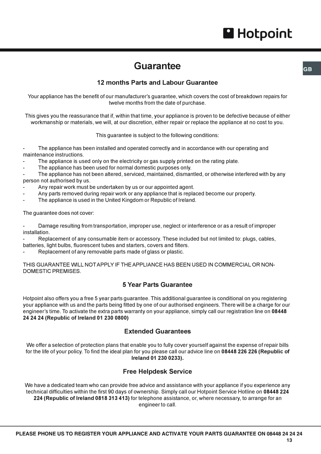 Hotpoint KSO53CX, SY56X, SY51X, SY10X Year Parts Guarantee, Extended Guarantees, Free Helpdesk Service, Ireland 01 230 