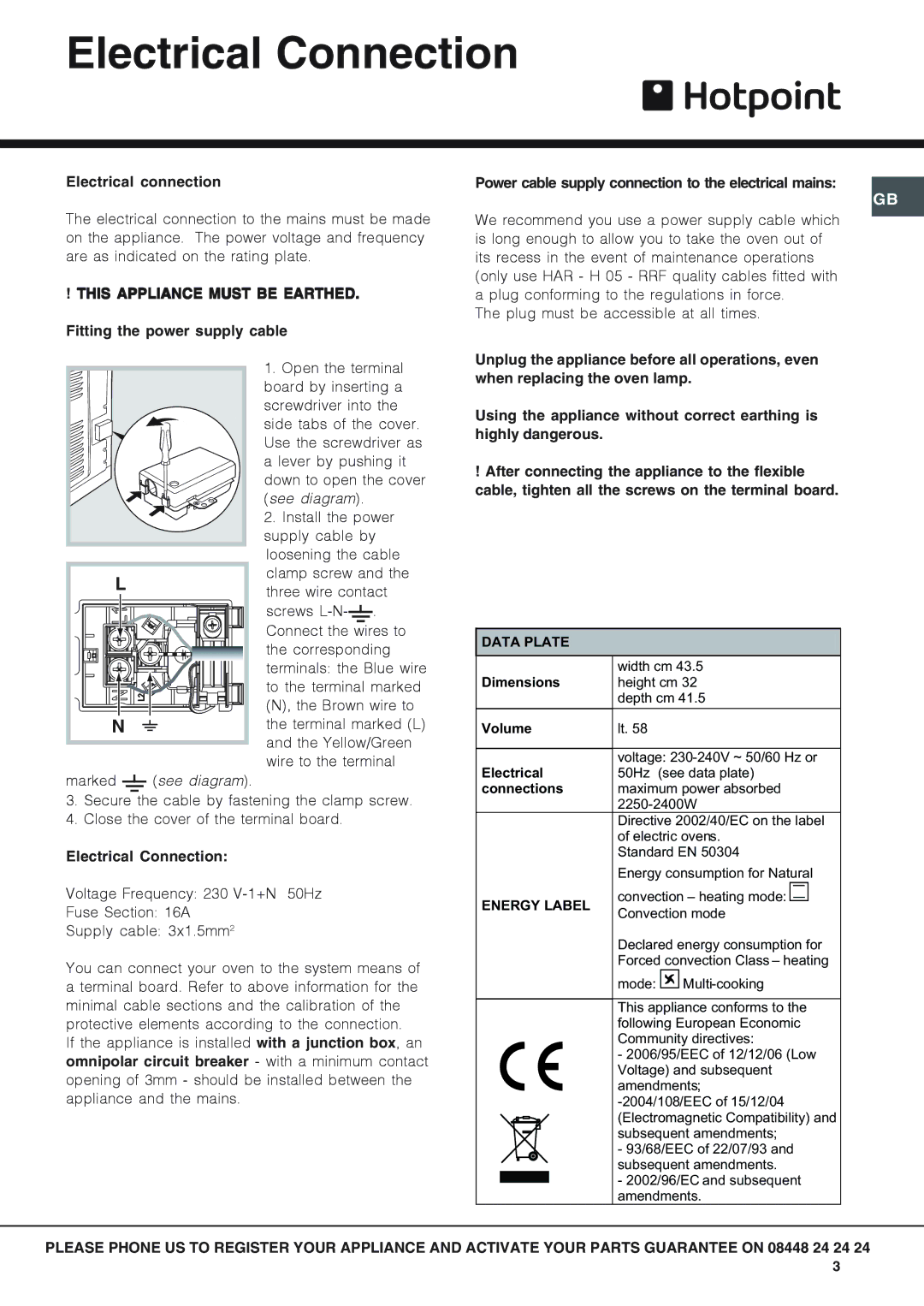 Hotpoint SY56X, SY51X, SY10X, SH53CX, SHS53X, SH53K, SHS53CX, SH53CKX, SH53X manual Electrical Connection, Electrical connection 