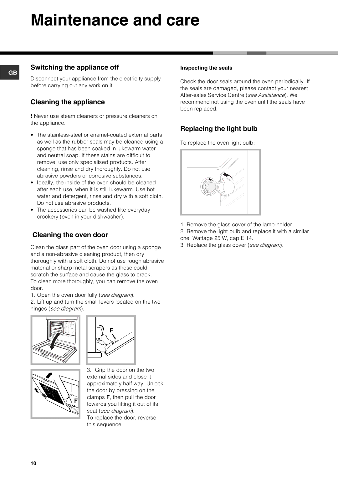 Hotpoint SY56X, X SY51 Maintenance and care, Switching the appliance off, Cleaning the appliance, Cleaning the oven door 