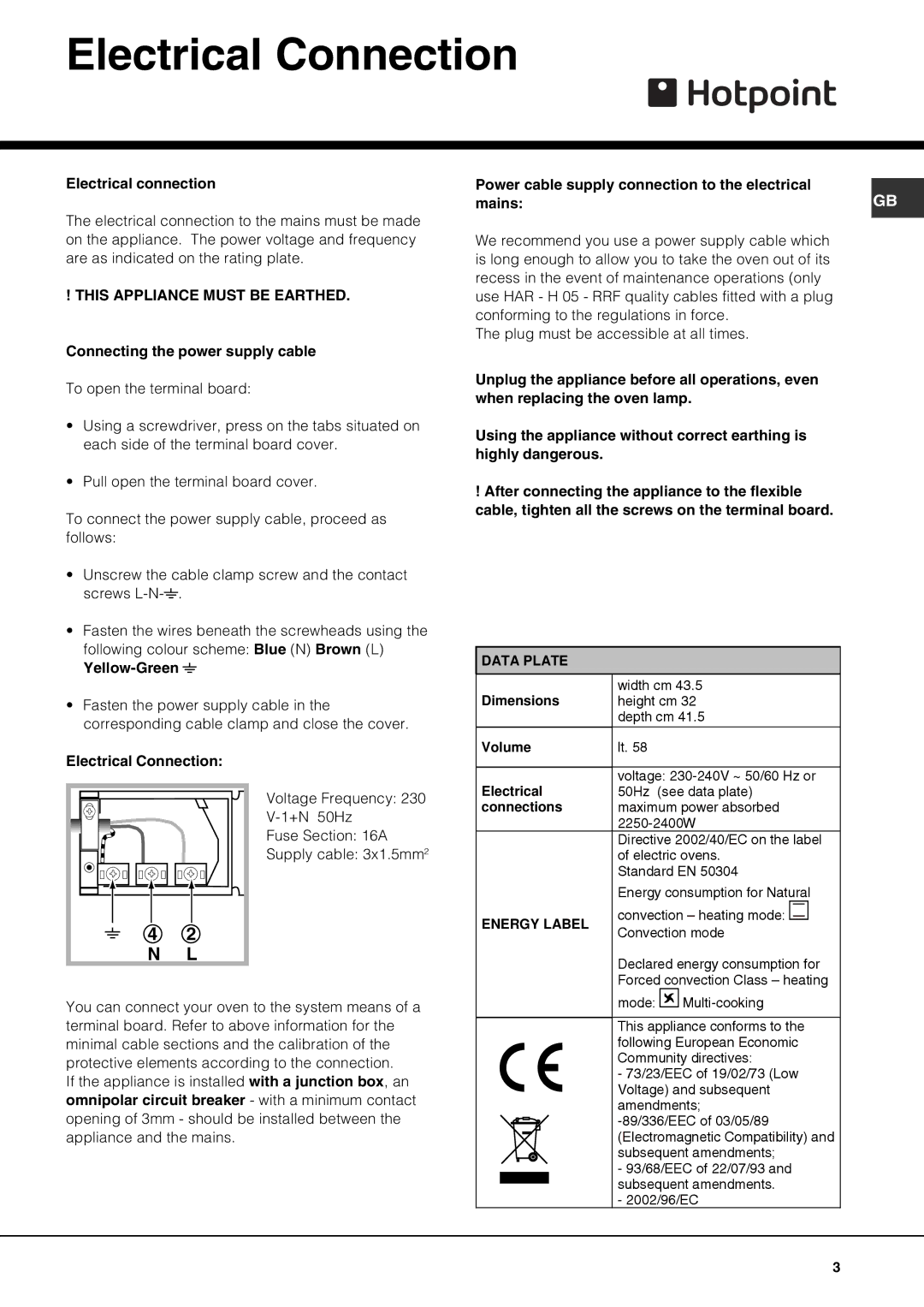 Hotpoint SY56X, X SY51, SY51X, SY10 operating instructions Electrical Connection, This Appliance Must be Earthed 