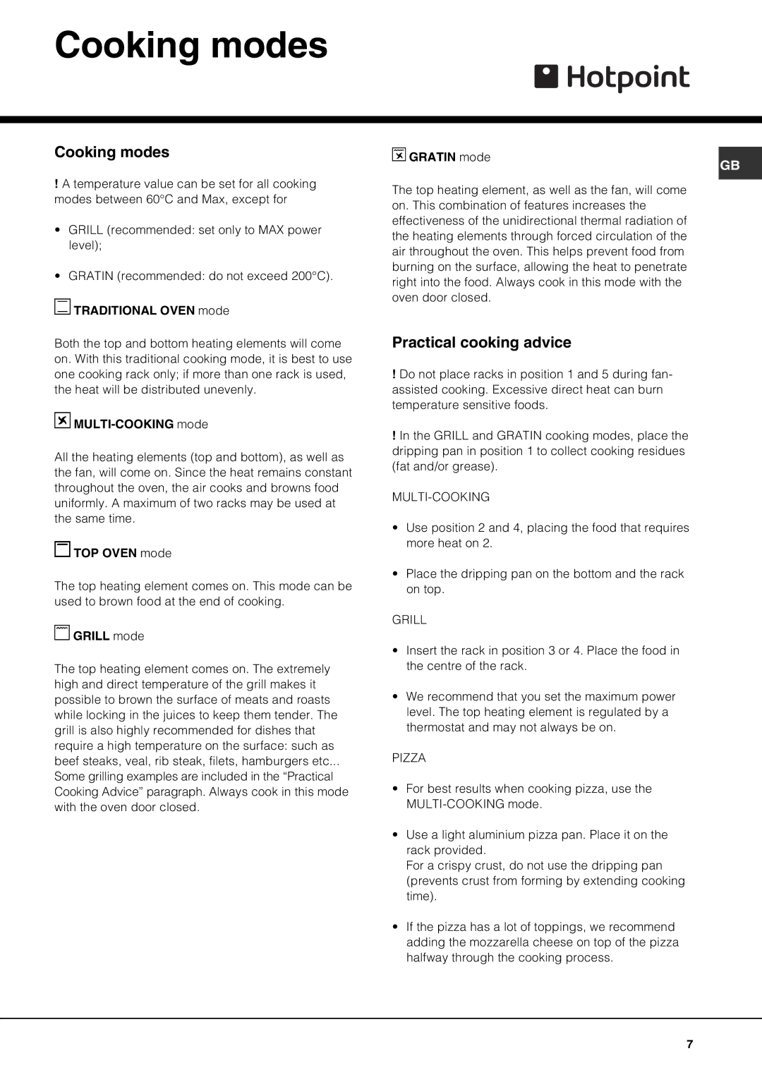 Hotpoint SY51X, SY56X, X SY51, SY10 operating instructions Cooking modes, Practical cooking advice 