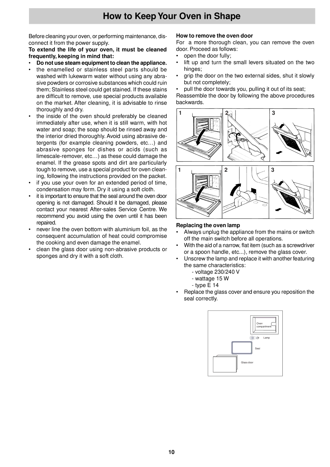 Hotpoint SY86P manual How to Keep Your Oven in Shape, How to remove the oven door, Replacing the oven lamp 