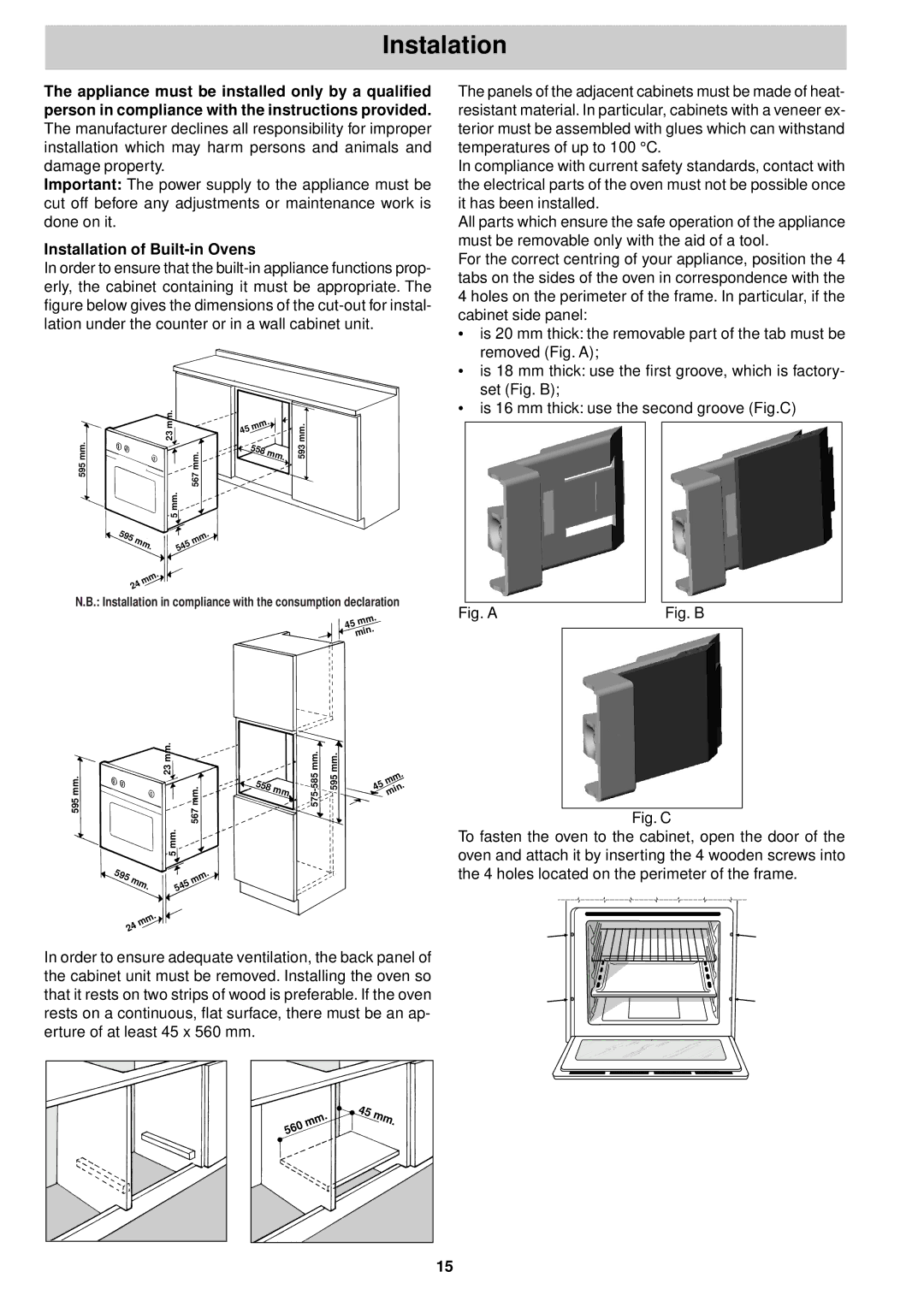 Hotpoint SY86P manual Instalation, Installation of Built-in Ovens 