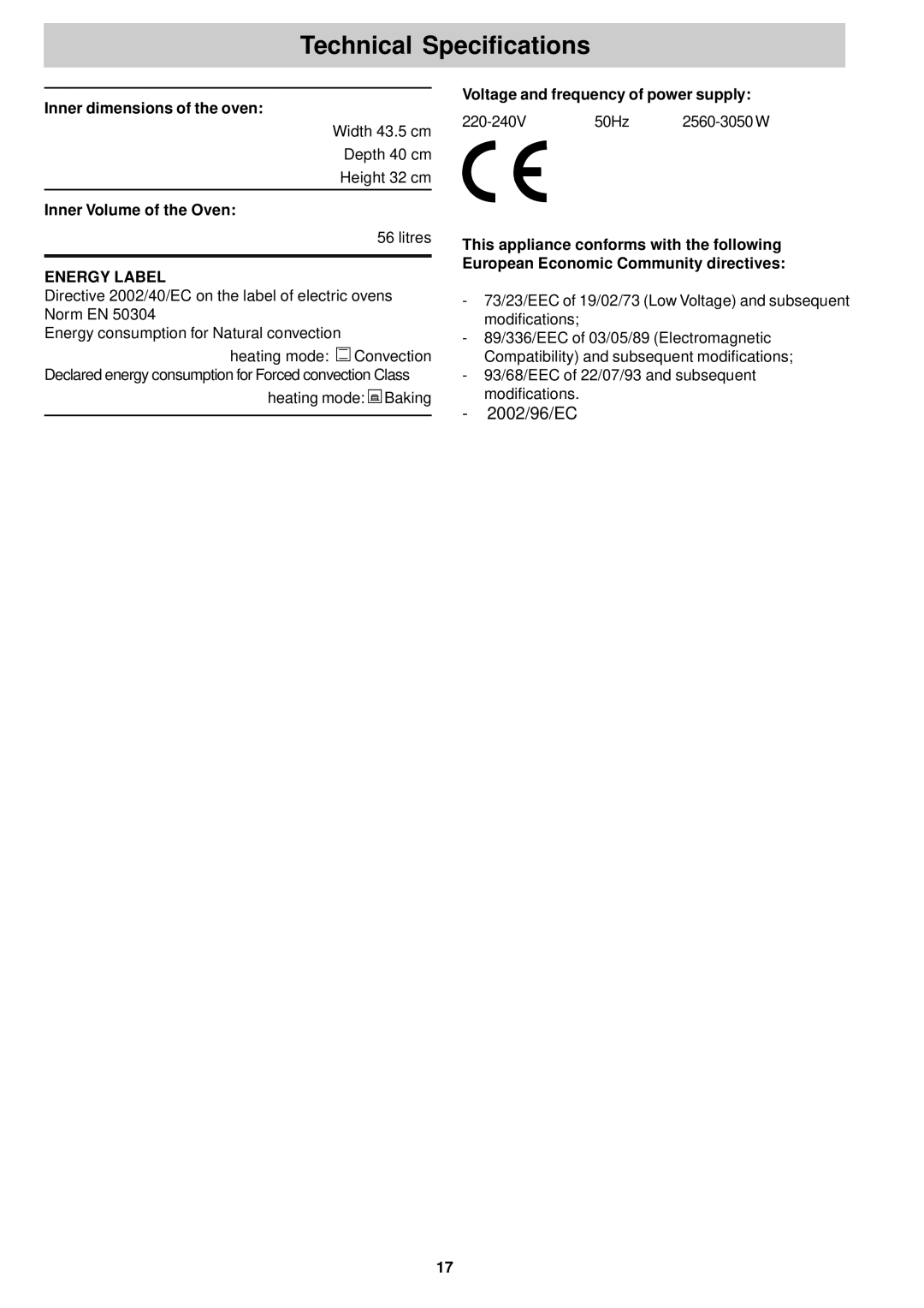 Hotpoint SY86P manual Technical Specifications, Inner dimensions of the oven, Inner Volume of the Oven 