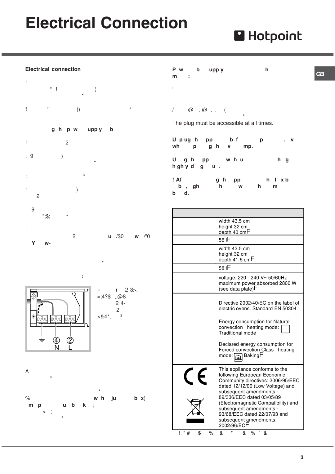 Hotpoint SE89PG X, SY89PG manual Electrical Connection, This Appliance Must be Earthed 