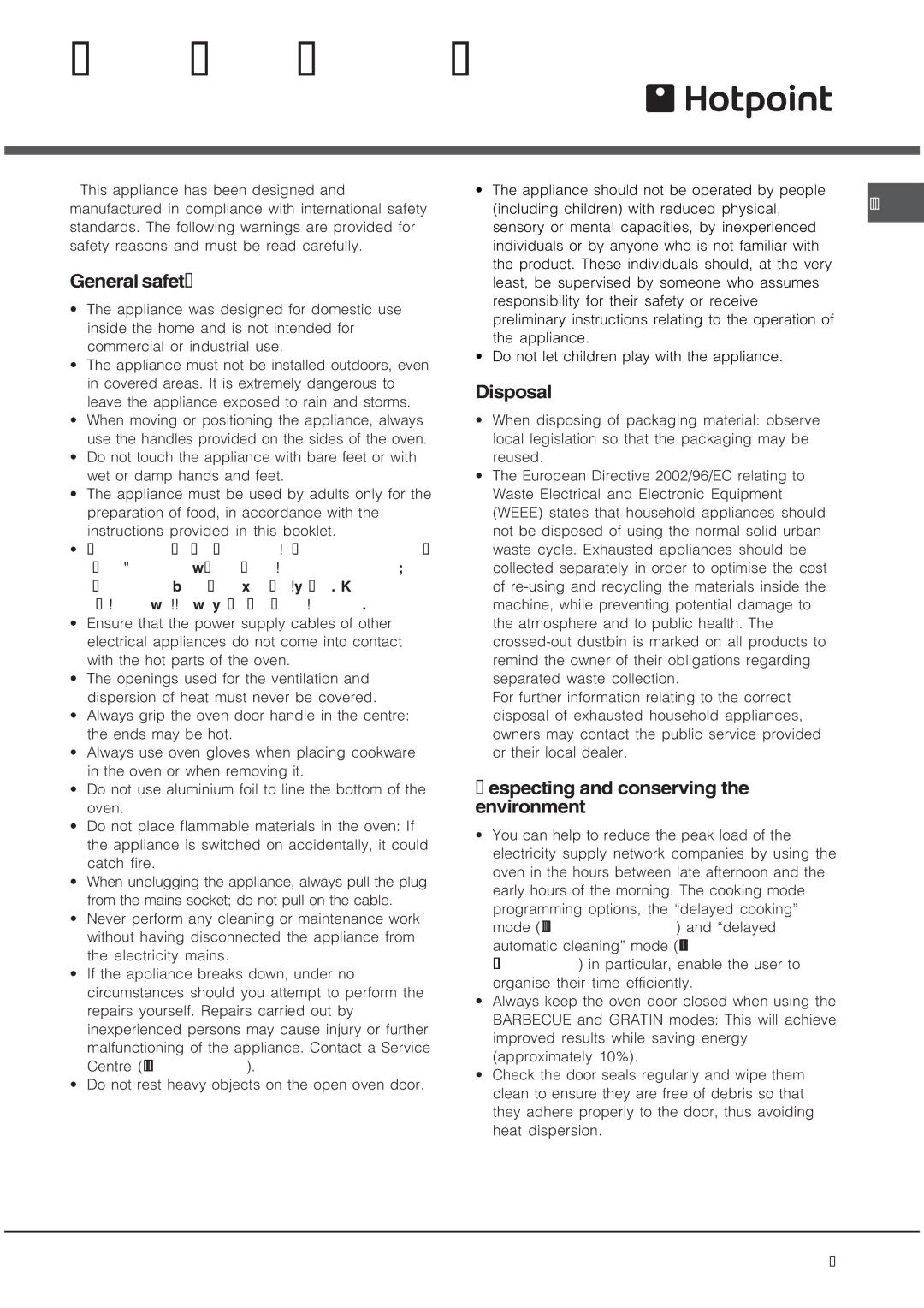 Hotpoint SE89PG X, SY89PG manual Precautions and tips, General safety, Disposal, Respecting and conserving the environment 