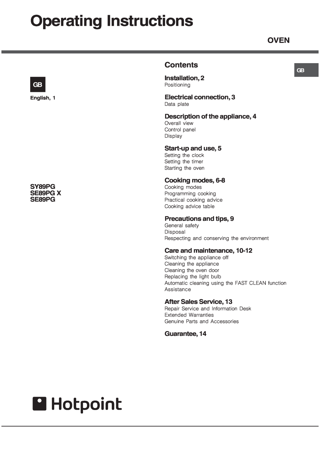 Hotpoint SE89PG X, SY89PG manual Operating Instructions, Oven, Contents 