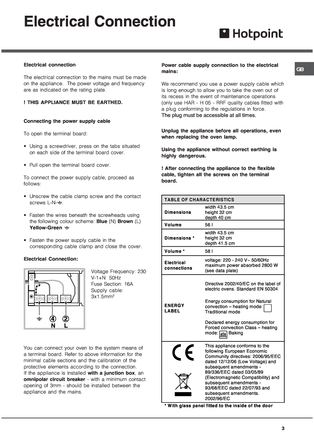 Hotpoint SE89PG X, SY89PG manual Electrical Connection, 4 2 N L, The plug must be accessible at all times 