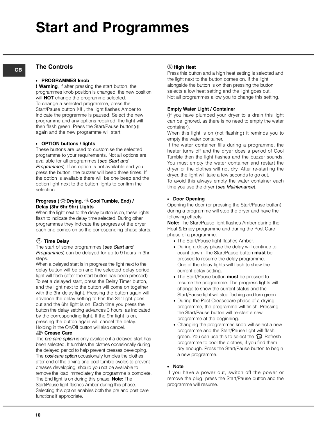 Hotpoint TCAL manual Controls 