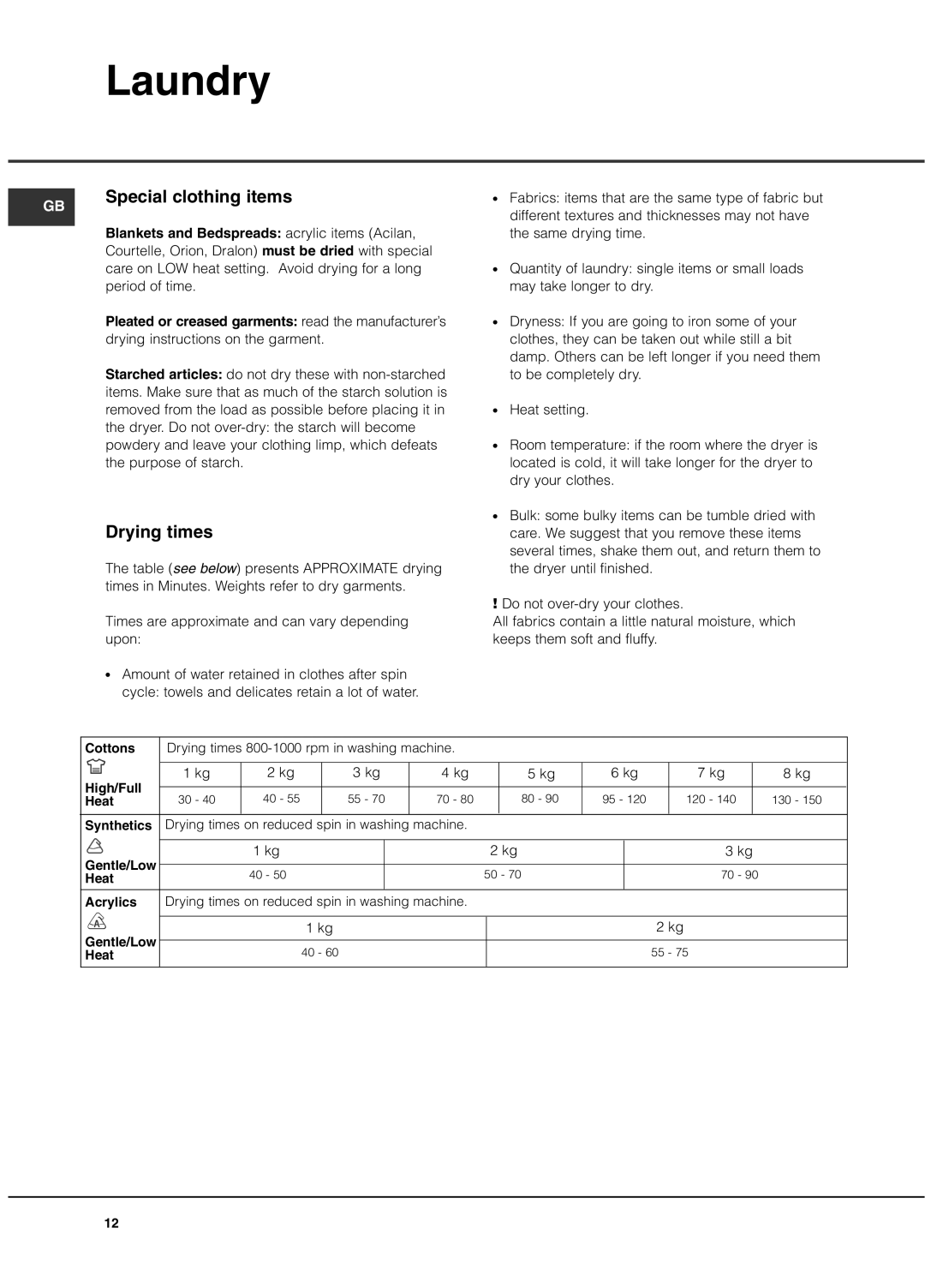 Hotpoint TCAL manual Special clothing items, Drying times, Times are approximate and can vary depending upon 