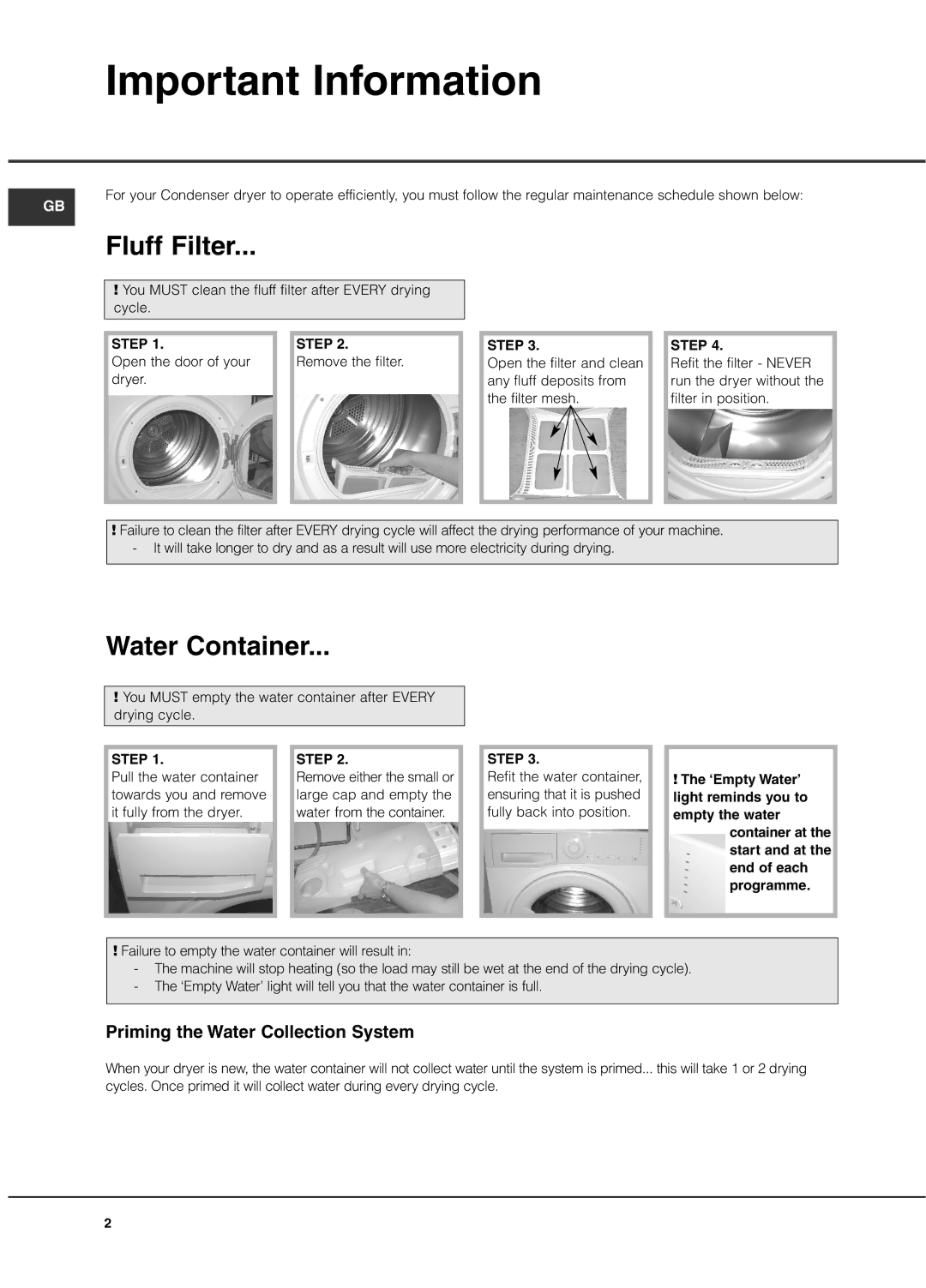 Hotpoint TCAL manual Important Information, Fluff Filter, Water Container, Priming the Water Collection System 