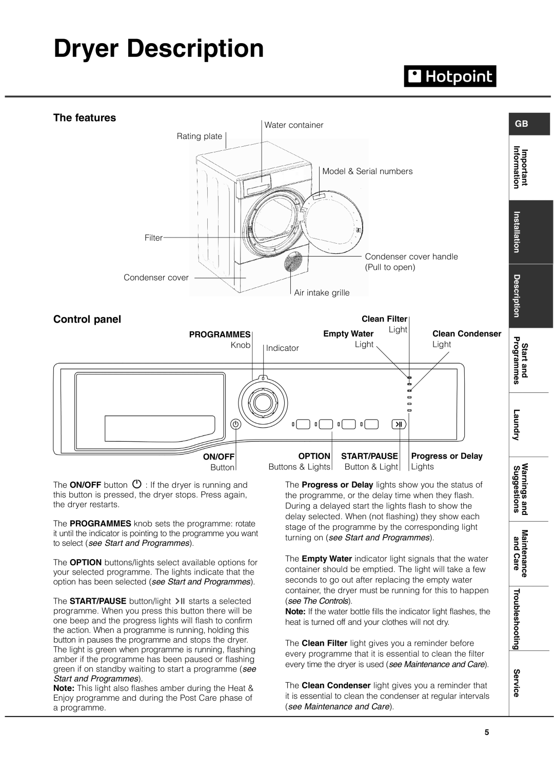 Hotpoint TCAL manual Dryer Description, Features, Control panel, Clean Filter 