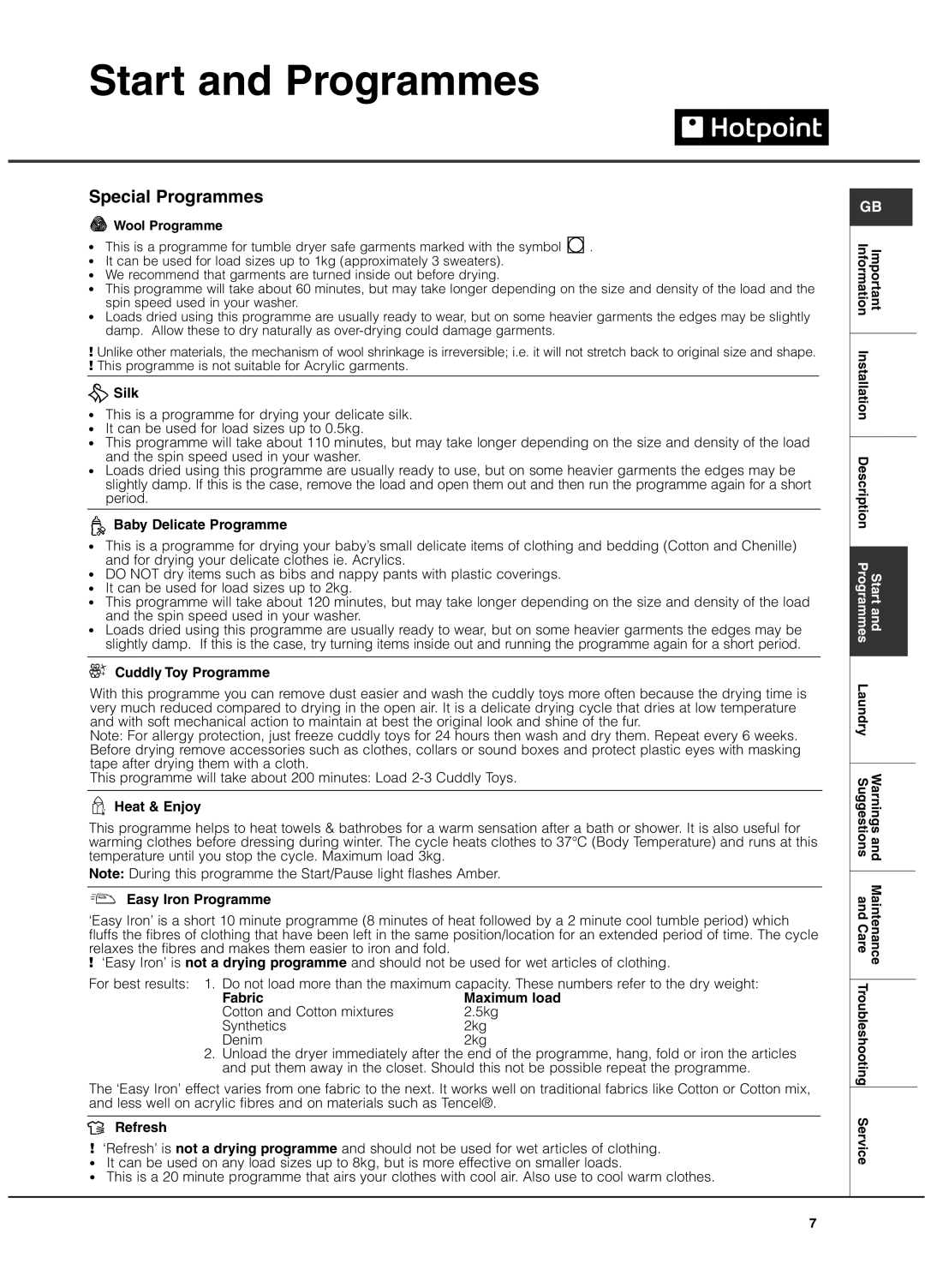 Hotpoint TCAL manual Special Programmes 