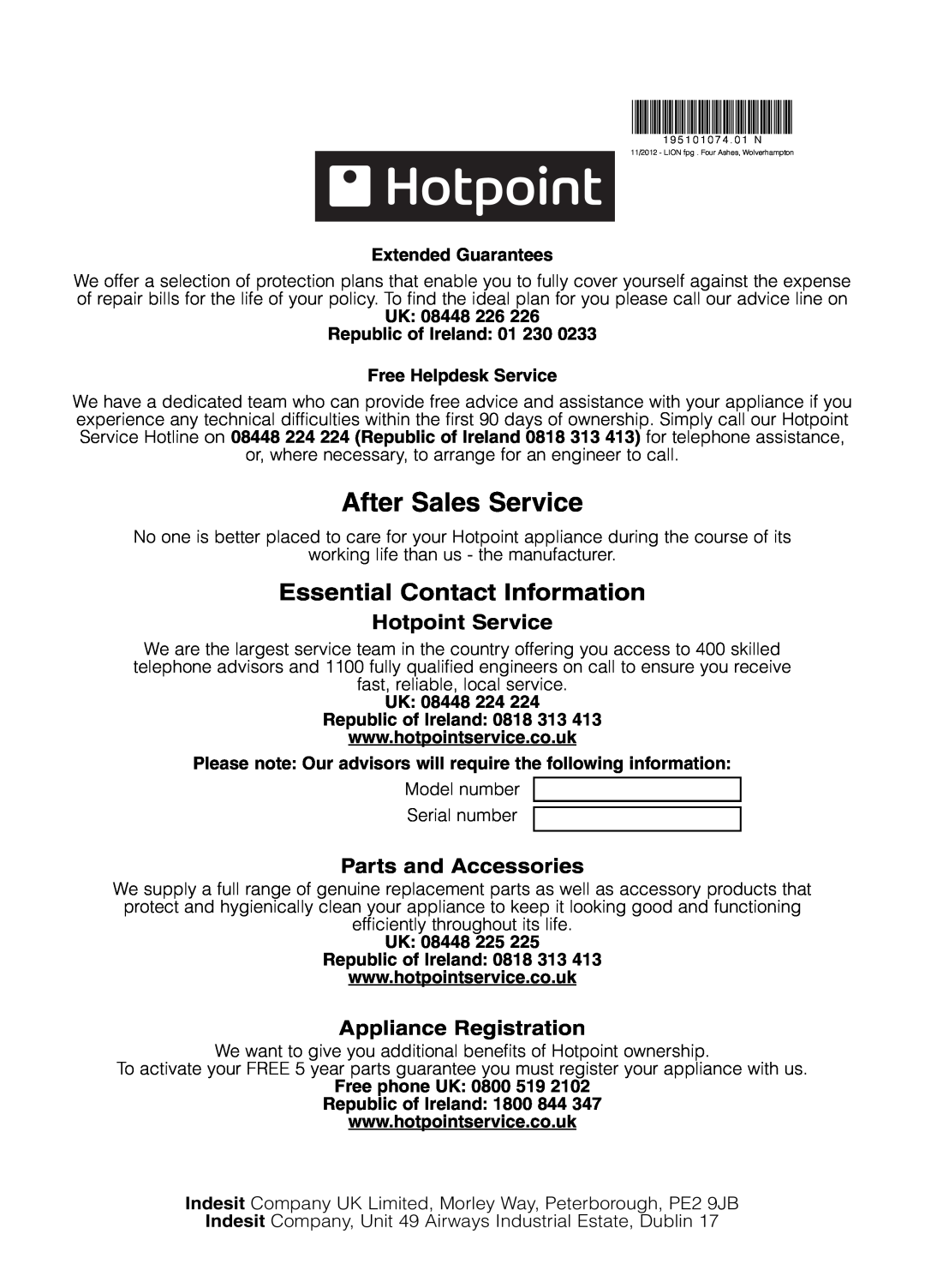 Hotpoint TCAM 80C Aquarius/TCEM 80C Experience/TCYM 80C Style After Sales Service, Hotpoint Service, Parts and Accessories 