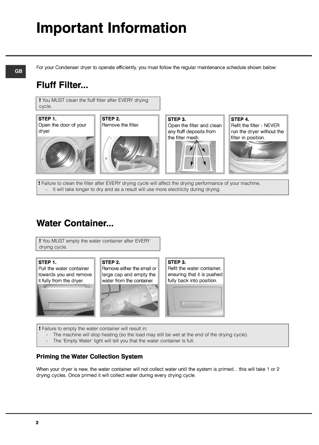 Hotpoint TCAM 80C Aquarius/TCEM 80C Experience/TCYM 80C Style manual Important Information, Fluff Filter, Water Container 
