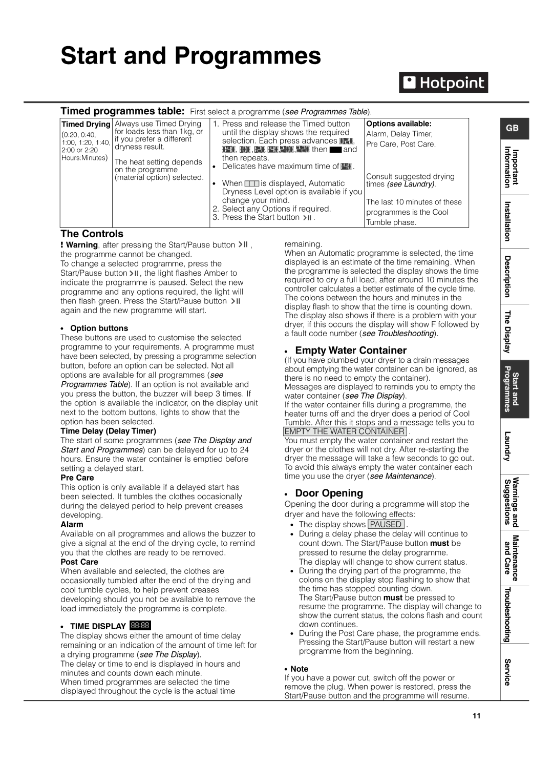 Hotpoint TCD970 manual Controls, Empty Water Container, Door Opening 