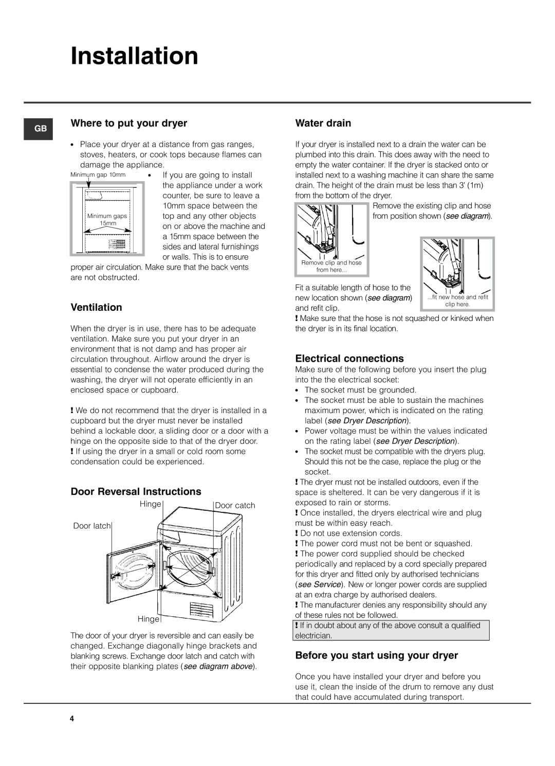 Hotpoint TCD970 manual Installation 