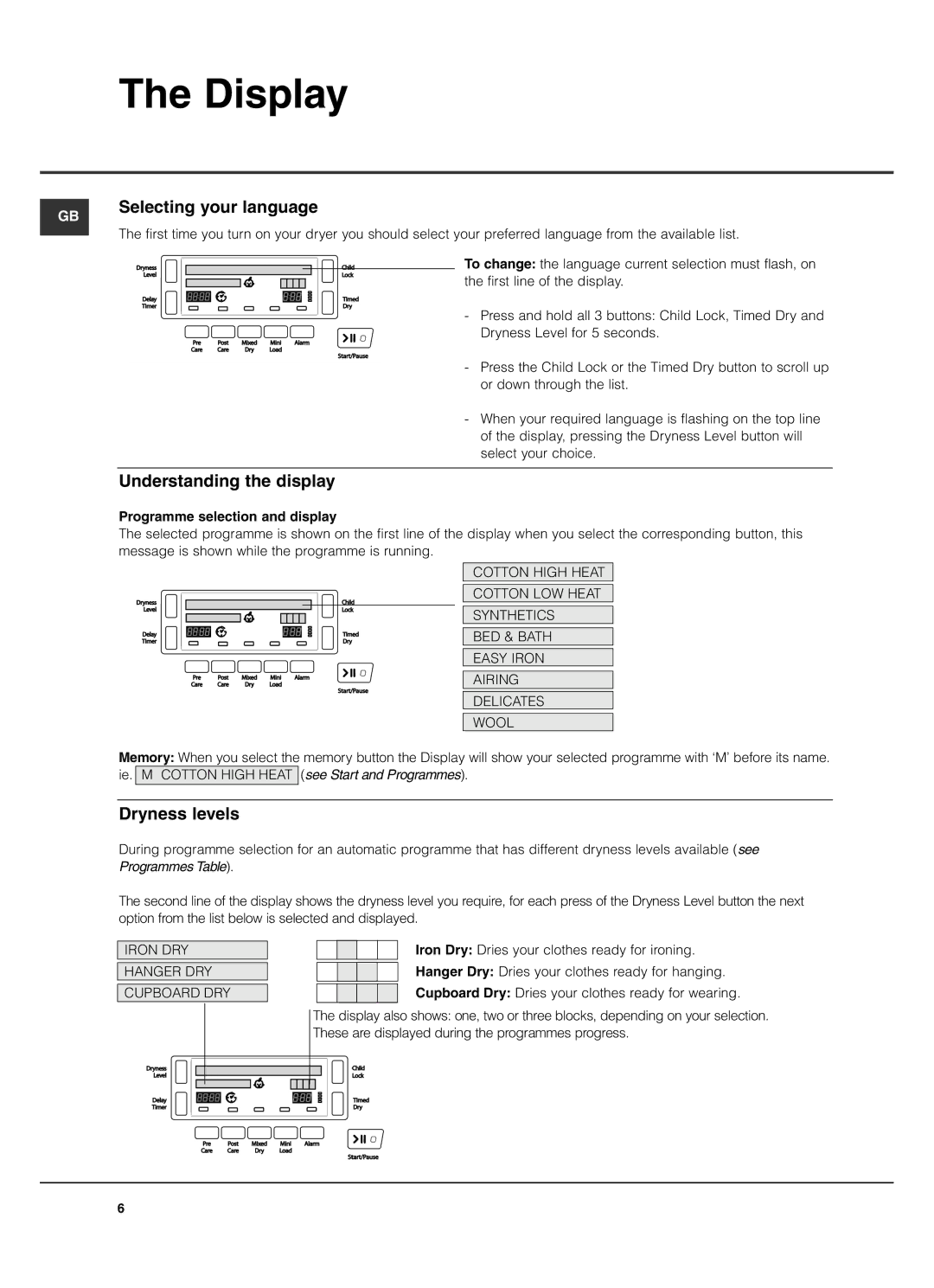 Hotpoint TCD970 manual Display, Selecting your language, Understanding the display, Dryness levels 