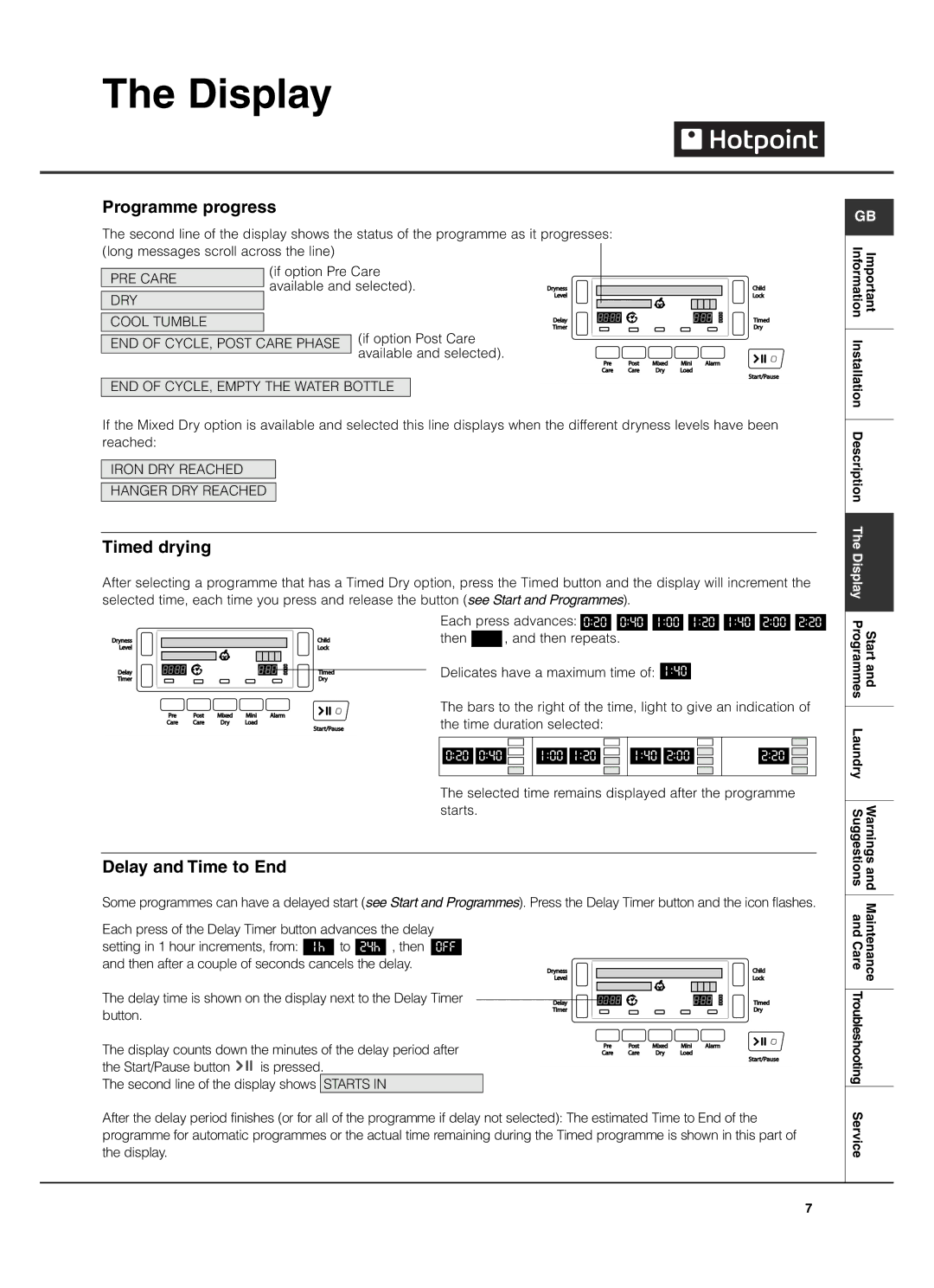 Hotpoint TCD970 manual Programme progress, Timed drying, Delay and Time to End 