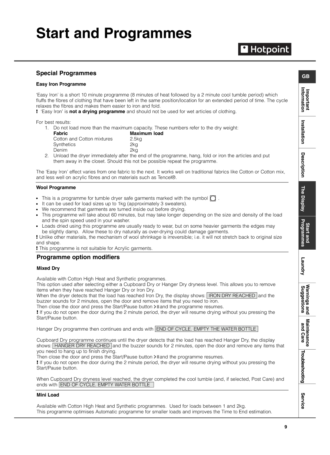 Hotpoint TCD970 manual Special Programmes, Programme option modifiers 