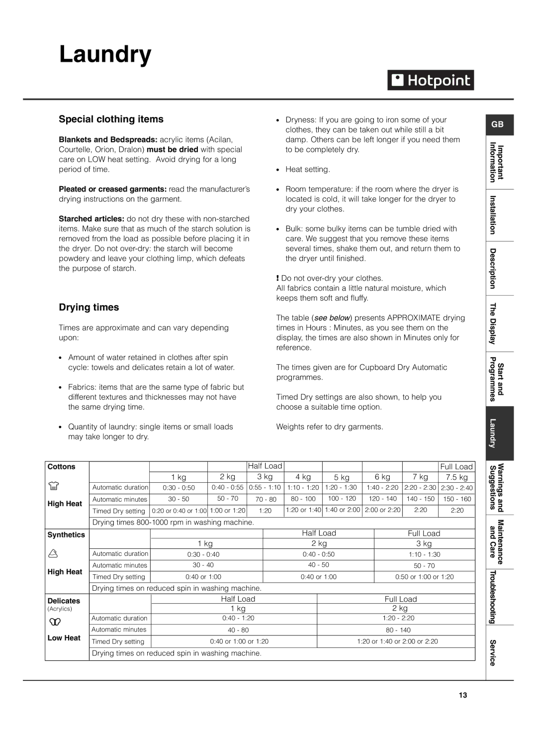 Hotpoint TCD975 manual Special clothing items, Drying times, Half Load Full Load 