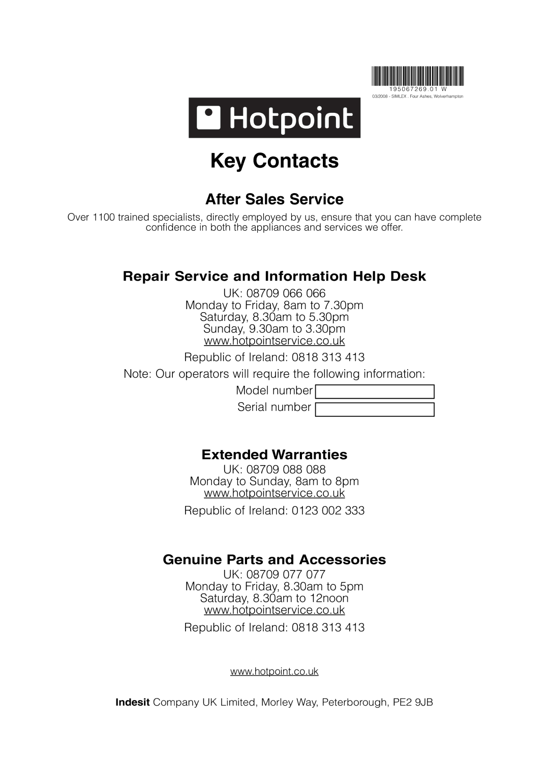 Hotpoint TCD975 manual Key Contacts 