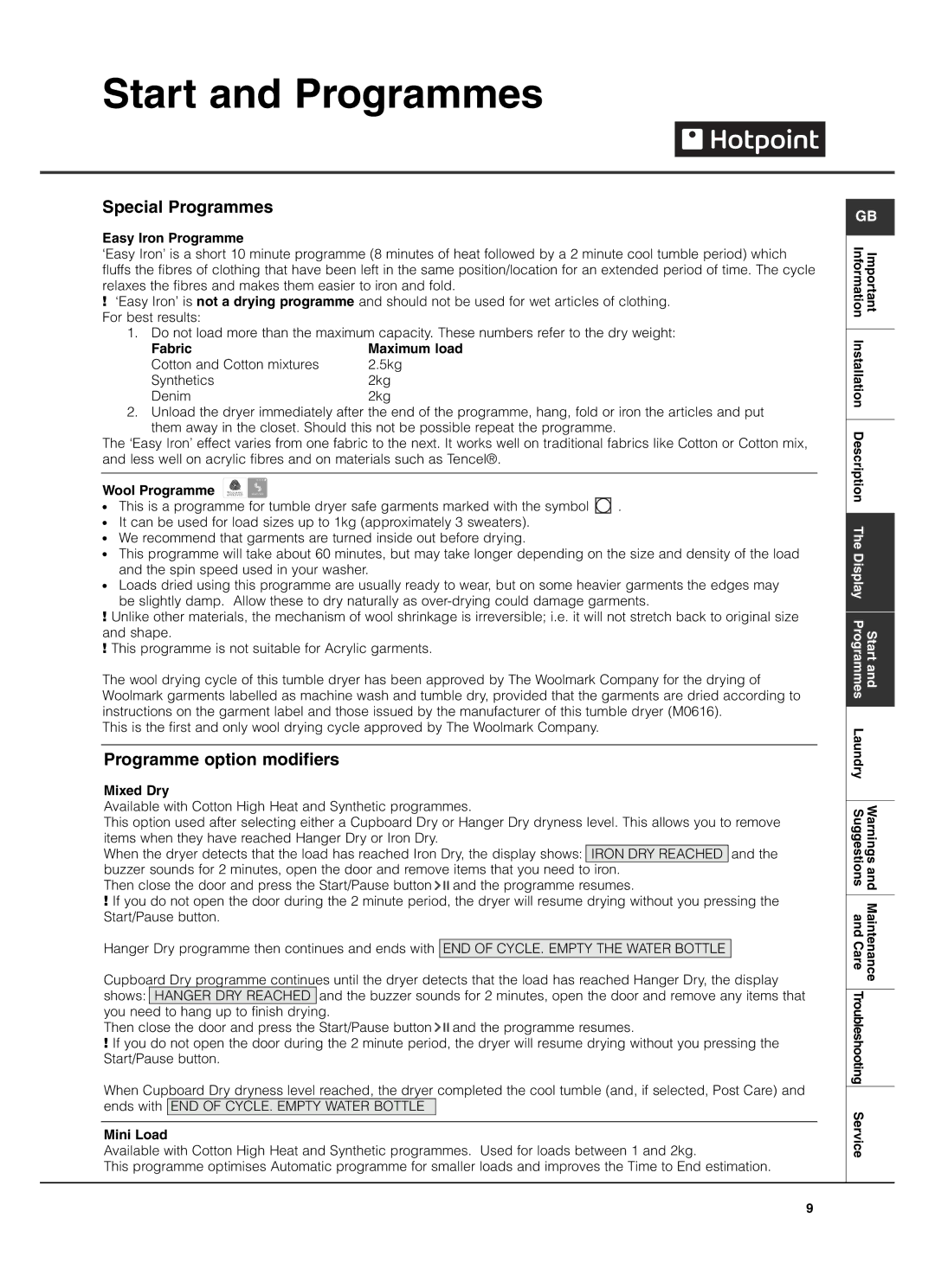 Hotpoint TCD975 manual Special Programmes, Programme option modifiers 