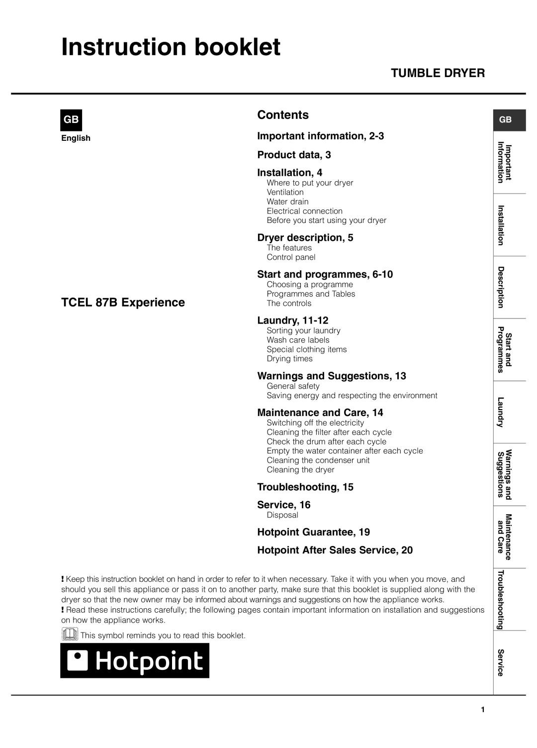 Hotpoint TCEl 87B Experience manual Instruction booklet, Tumble Dryer 